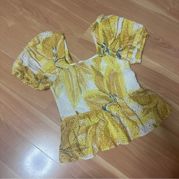 FARM Rio Tops - FARM Rio Yellow Floral Puff Sleeve Blouse